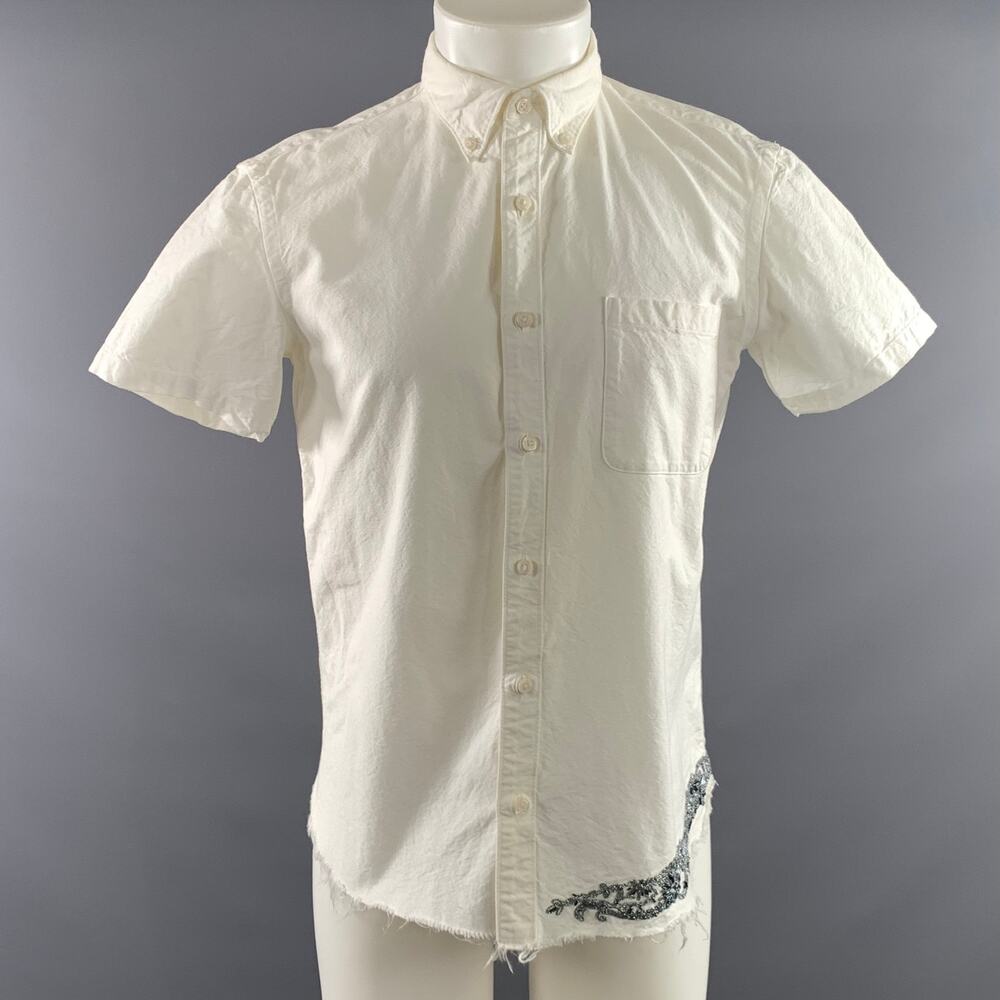 KOLOR Size L White Silver Zari Cotton Button Down Short Sleeve Shirt